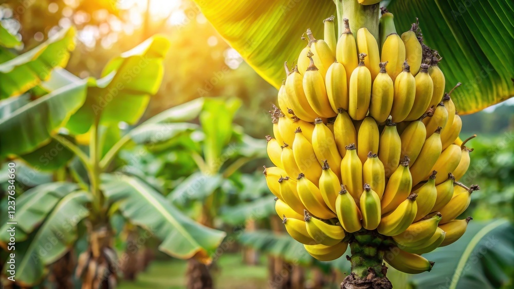 Naklejka premium Mature yellow bananas ripening on a lush green stem in a tropical orchard, tree, plant, tree, plant, orchard