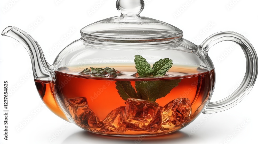 A glass teapot filled with warm mint tea, isolated on a white background. A glass teapot filled with warm mint tea, isolated on a white background.