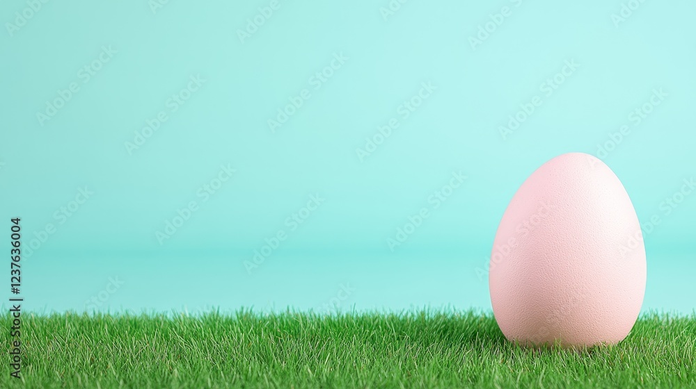 Pastel Pink Easter Egg on Green Grass Against Teal Background