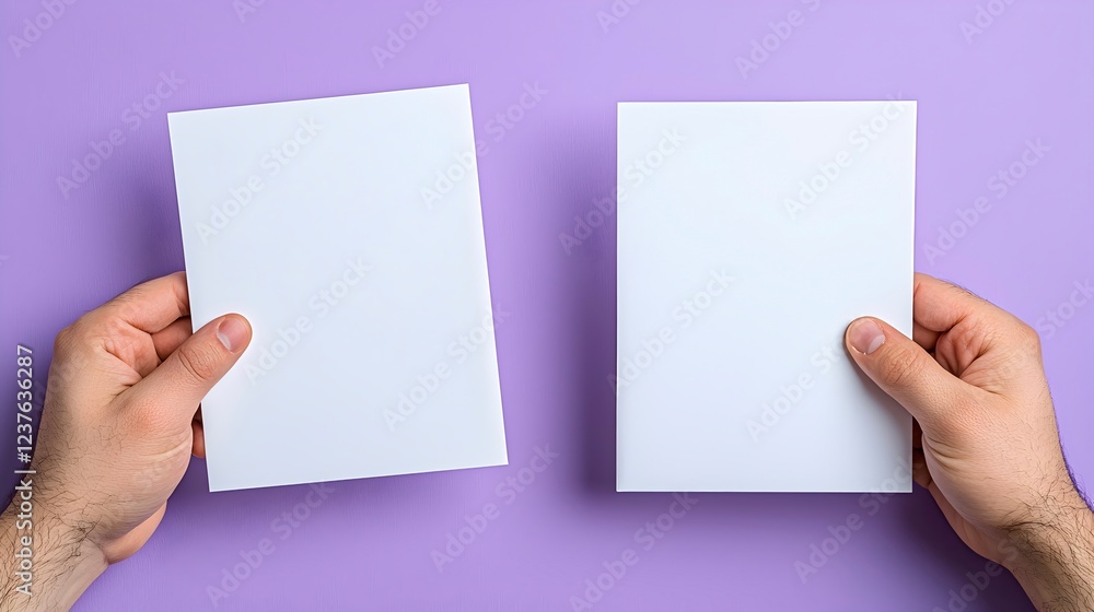 Fototapeta premium Hands Holding Blank White Notebooks on Light Purple Background