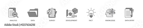 Research icon set flow process which consists of analysis, data, survey, development, fact, knowledge and data entry icon live stroke and easy to edit .