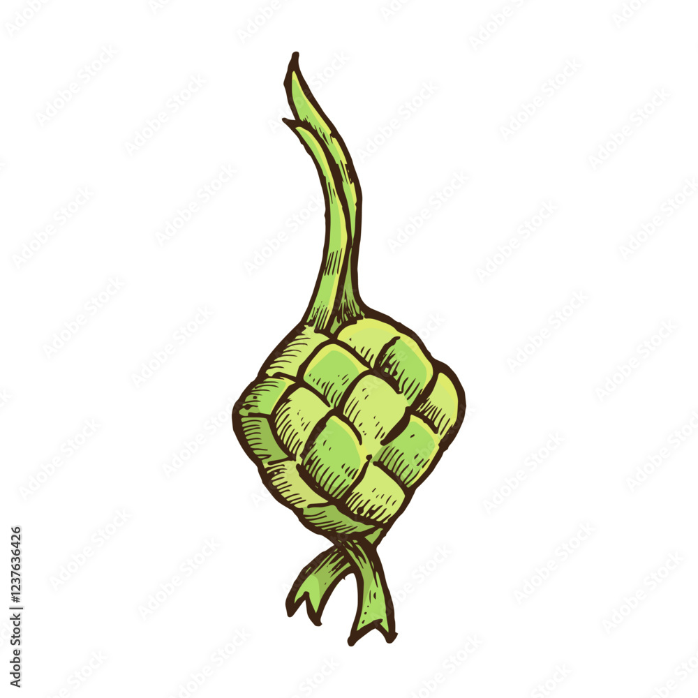 Naklejka premium Vector hand drawn ketupat, illustration of traditional Eid al-Fitr food. Eid food composition. Ramadan food design outline. Happy family on Eid Fitr