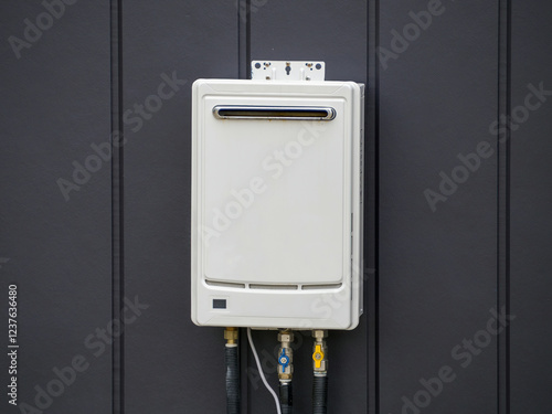 White Tankless Gas Water Heater Installed at Dark Vertical Panel Wall