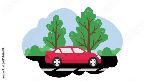 4K video Car Footage with Cartoon Car on the road and Tree Illustration on Natural Scenery Background. 4k video animated of a car driving, Electric Car Vehicle Ecology for Holiday Footage