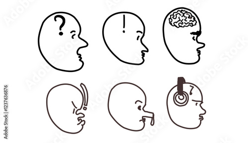 A set of line icons in the form of character heads. The heads represent different states of health, mood, etc. There are symbols, a brain, a snot, and musical headphones.