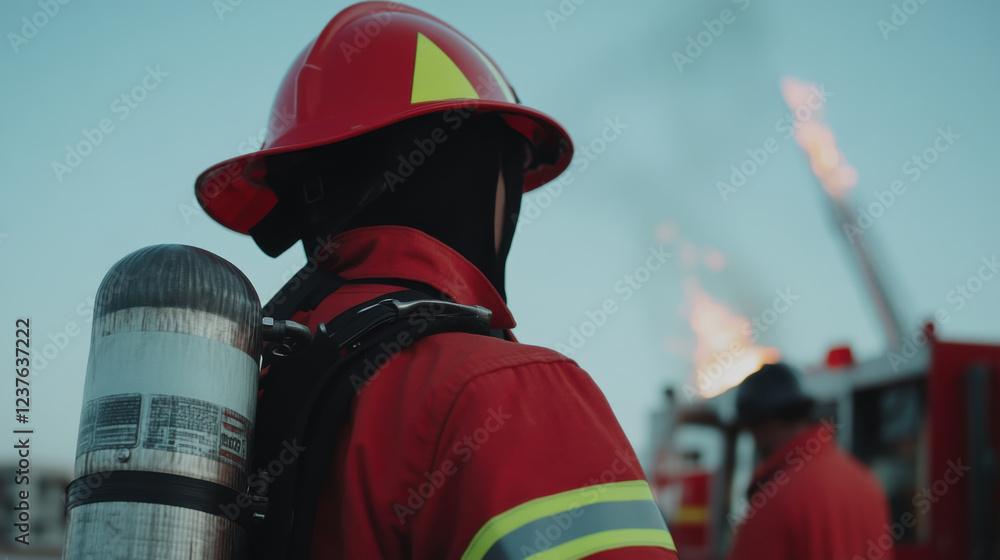 Obraz premium firefighter in protective gear stands confidently, ready for action, with flames in background. scene captures bravery and dedication of emergency responders