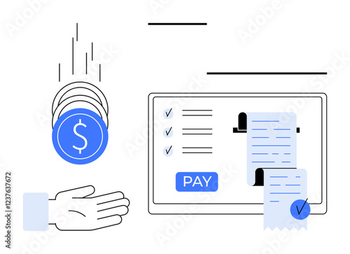 Hand catching falling coins, digital receipt on tablet screen, Pay button, checklist with check marks. Ideal for finance, business, e-commerce, digital payments, budgeting bookkeeping transactions