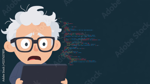 Cartoon programmer with gray hair looking shocked at laptop screen, surrounded by code. humorous take on coding challenges and surprises in programming
