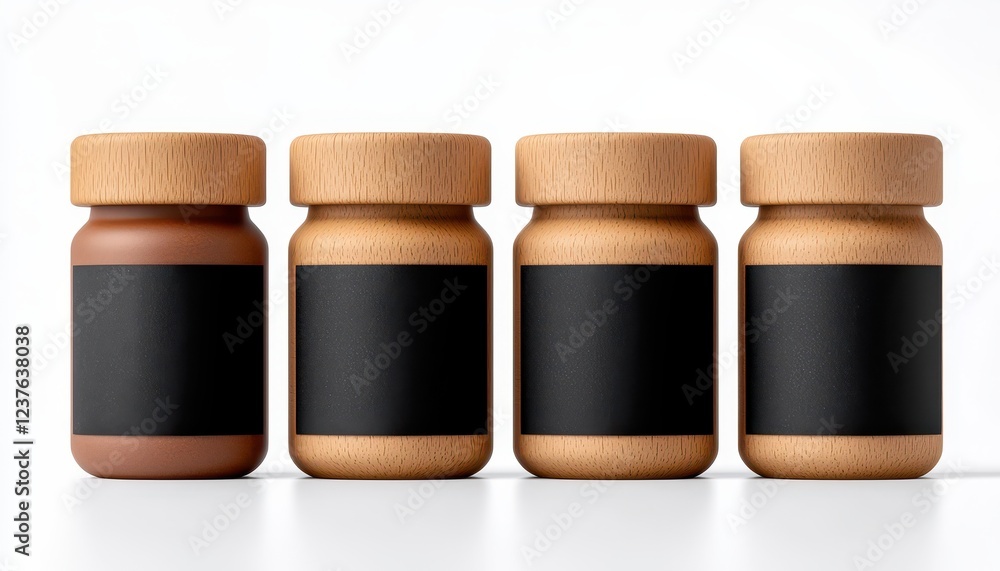 Four stylish jars with wooden lids, perfect for displaying spices or gourmet ingredients on a kitchen countertop. Four stylish jars with wooden lids, perfect for displaying spices or gourmet ingredients on a kitchen countertop.