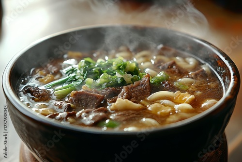 Steaming beef noodle soup, restaurant setting