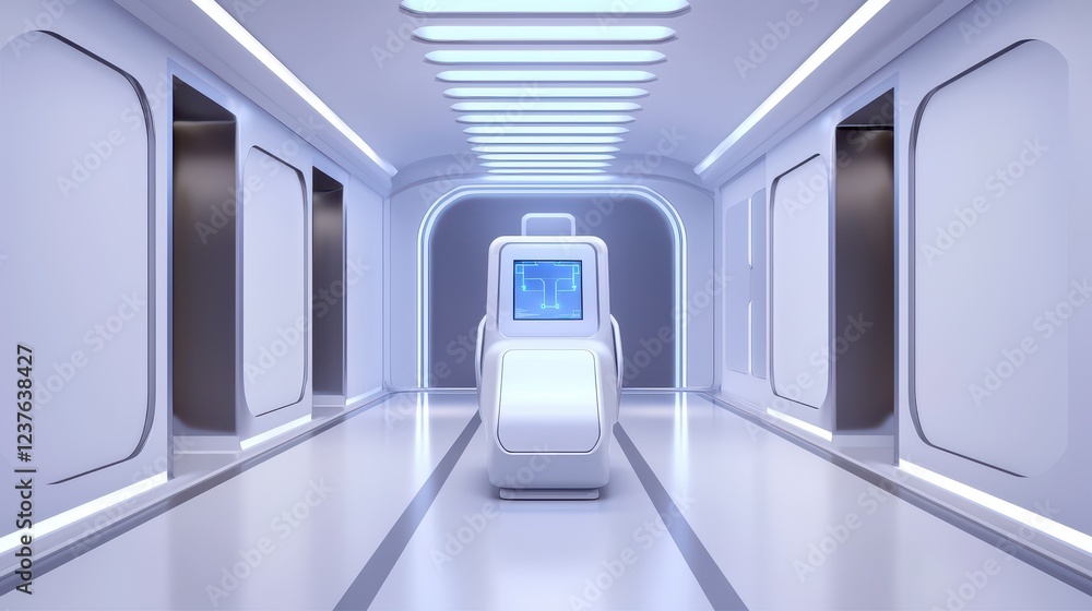 Obraz premium Futuristic hallway with sleek design and advanced technology, featuring a central control chair.