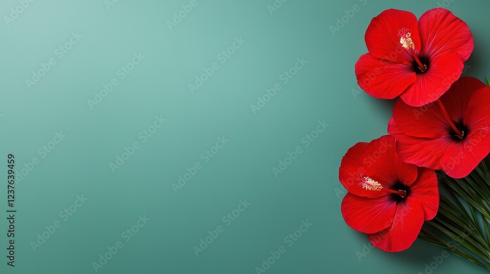 Obraz premium Vibrant red hibiscus flowers against a soft green background, creating a beautiful and fresh floral composition.