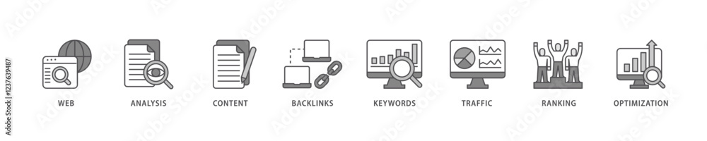 SEO icon set flow process which consists of website, analysis, content, backlinks, keywords, traffic, ranking, and optimization icon live stroke and easy to edit . SEO icon set flow process which consists of website, analysis, content, backlinks, keywords, traffic, ranking, and optimization icon live stroke and easy to edit .