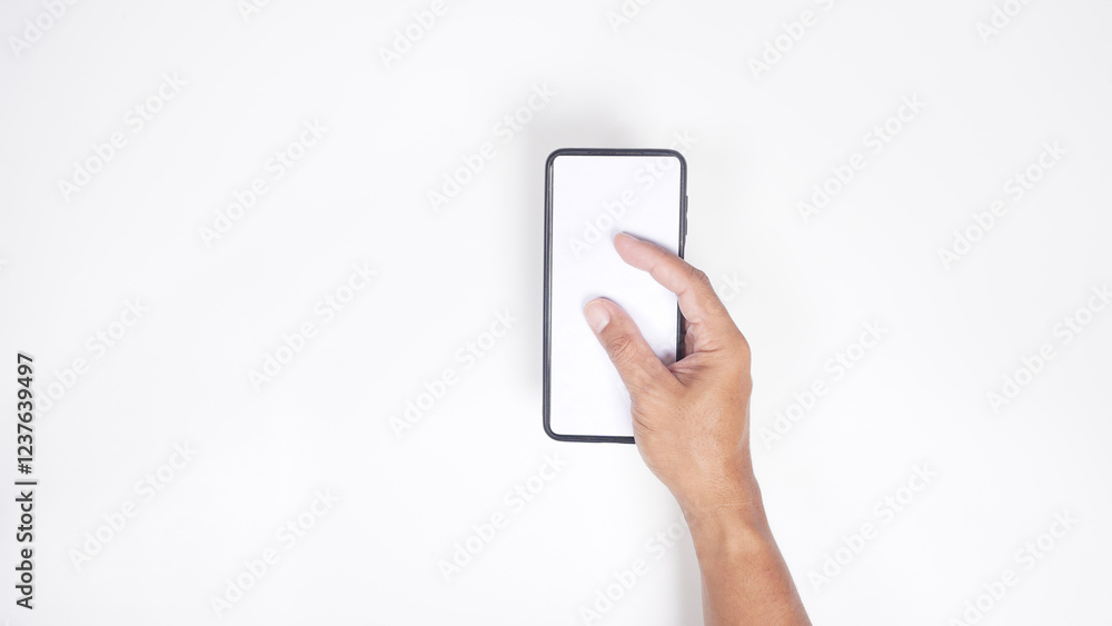 Man's Hand Holding Mobile Phone with Blank Screen Isolated on White Background Man's Hand Holding Mobile Phone with Blank Screen Isolated on White Background