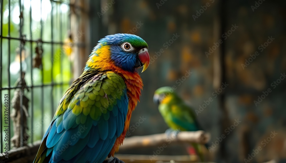 Fototapeta premium Vibrant Rainbow Lorikeet Parrot in Cage Stunning Bird Photography