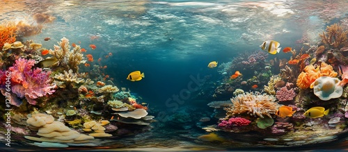 Vibrant underwater coral reef scene with diverse fish species.