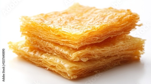 A traditional Ramadan dessert like kunafa or baklava, isolated on a white background.  photo