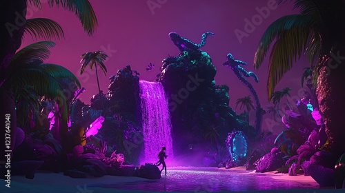 Neon Tropical Waterfall, Alien Landscape, Night, Fantasy Game Background