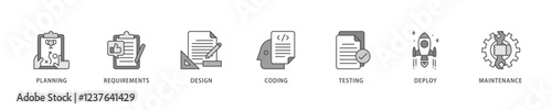 Software development icon set flow process which consists of planning, requirements, design, coding, testing, deploy and maintenance icon live stroke and easy to edit .