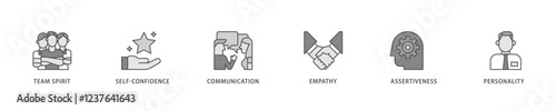 Soft-skills icon set flow process which consists of team spirit, self-confidence, communication, empathy, assertiveness, and personality icon live stroke and easy to edit .
