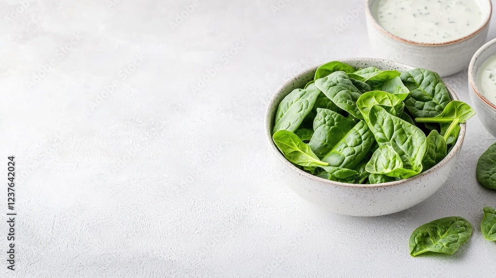 Obraz premium Fresh green baby spinach leaves in a white ceramic bowl on a light grey textured background.