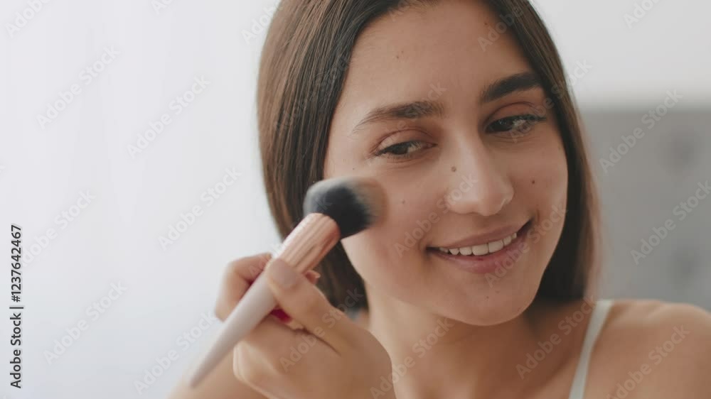 A young Middle Eastern woman is smiling as she gently applies makeup to her cheeks with a brush, embracing the joy of self-care in her cozy home environment. A young Middle Eastern woman is smiling as she gently applies makeup to her cheeks with a brush, embracing the joy of self-care in her cozy home environment.