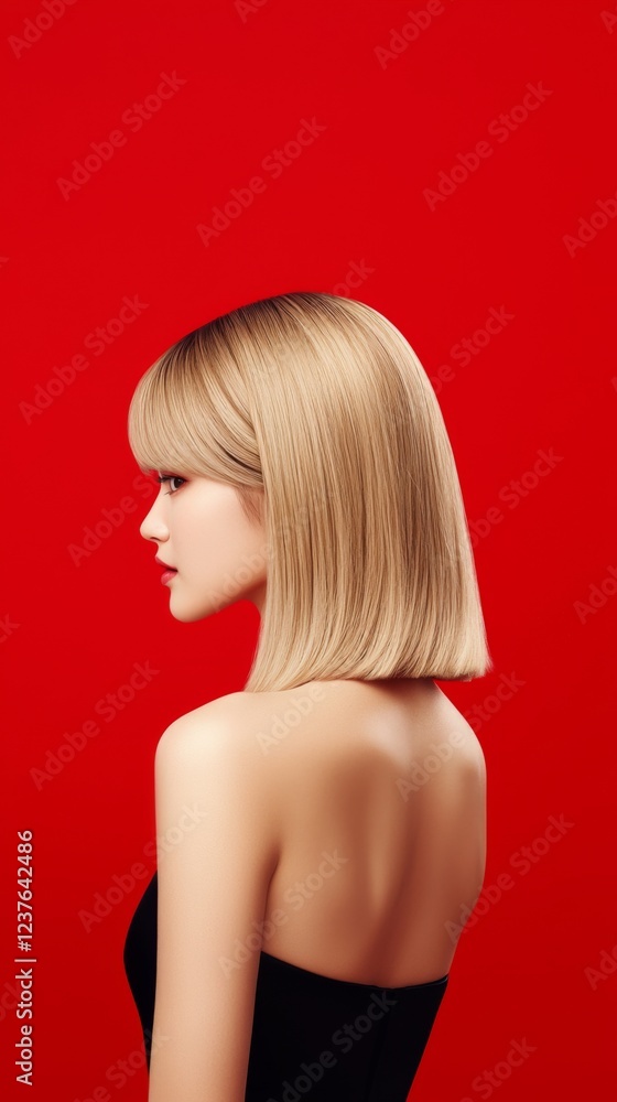Naklejka premium Stylish hair model posing against a bold red backdrop fashion photography studio environment profile perspective