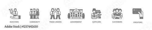 Stakeholder icon set flow process which consists of community, trade unions, suppliers, and customers icon live stroke and easy to edit .