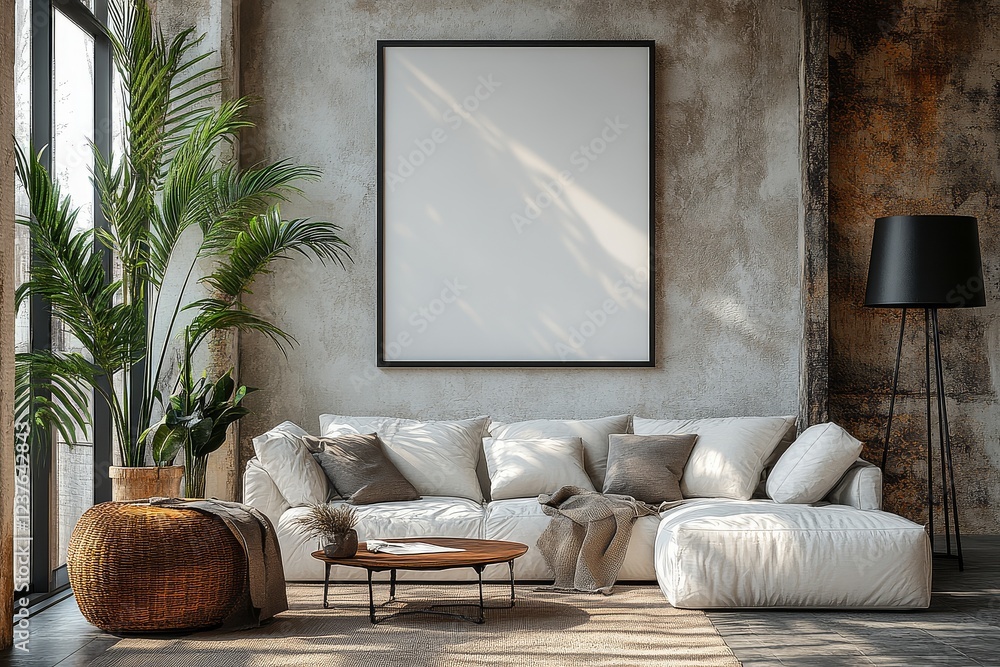 Minimalist living room with blank poster frame on wall, white sofa, coffee table, beige carpet, black floor lamp, and soft lighting for art display mockup. Minimalist living room with blank poster frame on wall, white sofa, coffee table, beige carpet, black floor lamp, and soft lighting for art display mockup.