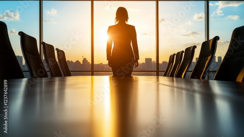 Silhouette of businesswoman at sunset in conference room professional environment inspirational perspective