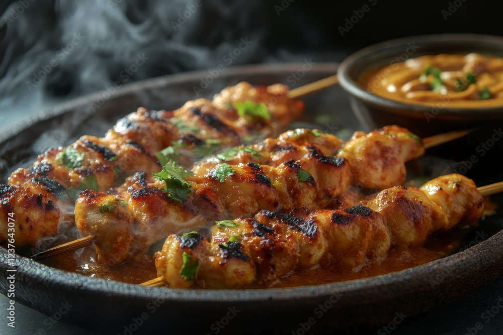 Steaming chicken satay skewers, peanut sauce, dark background; food blog (1) Steaming chicken satay skewers, peanut sauce, dark background; food blog (1)
