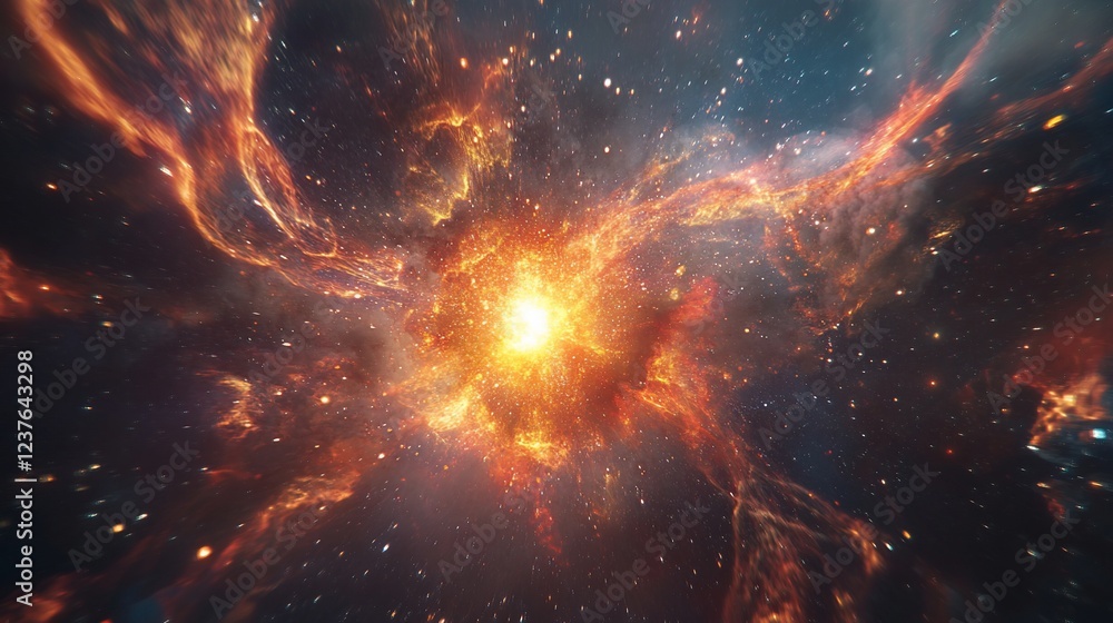 Fiery cosmic explosion in nebula, stars, space. Fiery cosmic explosion in nebula, stars, space.