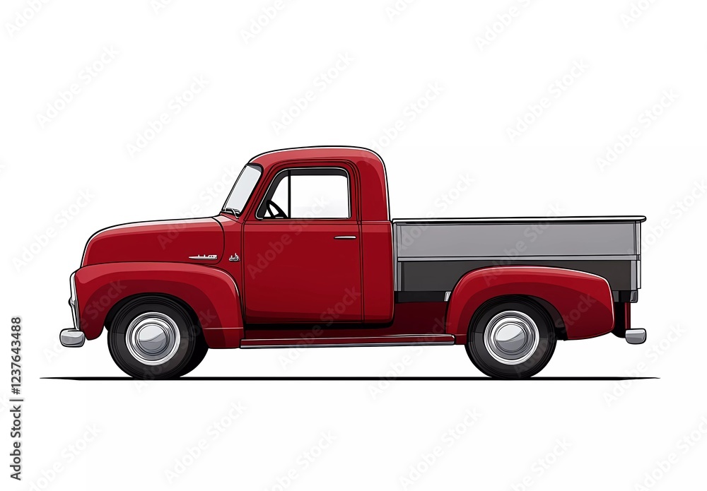 A red truck with a gray cargo box on the side, a simple flat vector illustration style, on a white background, with a minimalist design A red truck with a gray cargo box on the side, a simple flat vector illustration style, on a white background, with a minimalist design