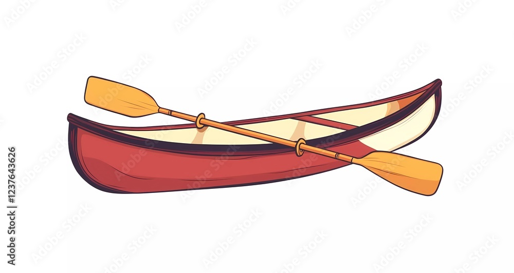 A simple, flat vector illustration of a canoe with oars, set against a white background. The design features simple shapes, flat colors in red and brown, and a minimalist A simple, flat vector illustration of a canoe with oars, set against a white background. The design features simple shapes, flat colors in red and brown, and a minimalist