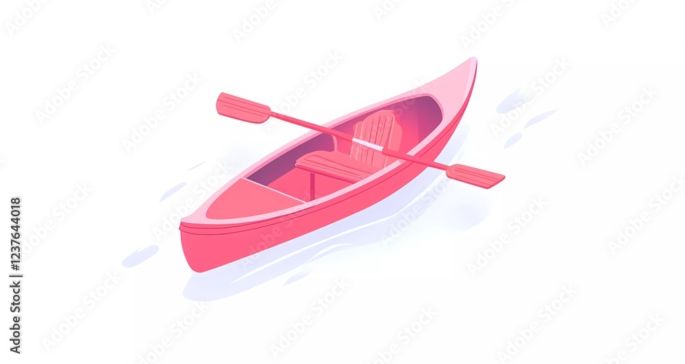 Canoe in pink with paddle and oar, vector flat icon illustration with white background of canoe in red color and oars isolated on transparent or clean white background Canoe in pink with paddle and oar, vector flat icon illustration with white background of canoe in red color and oars isolated on transparent or clean white background