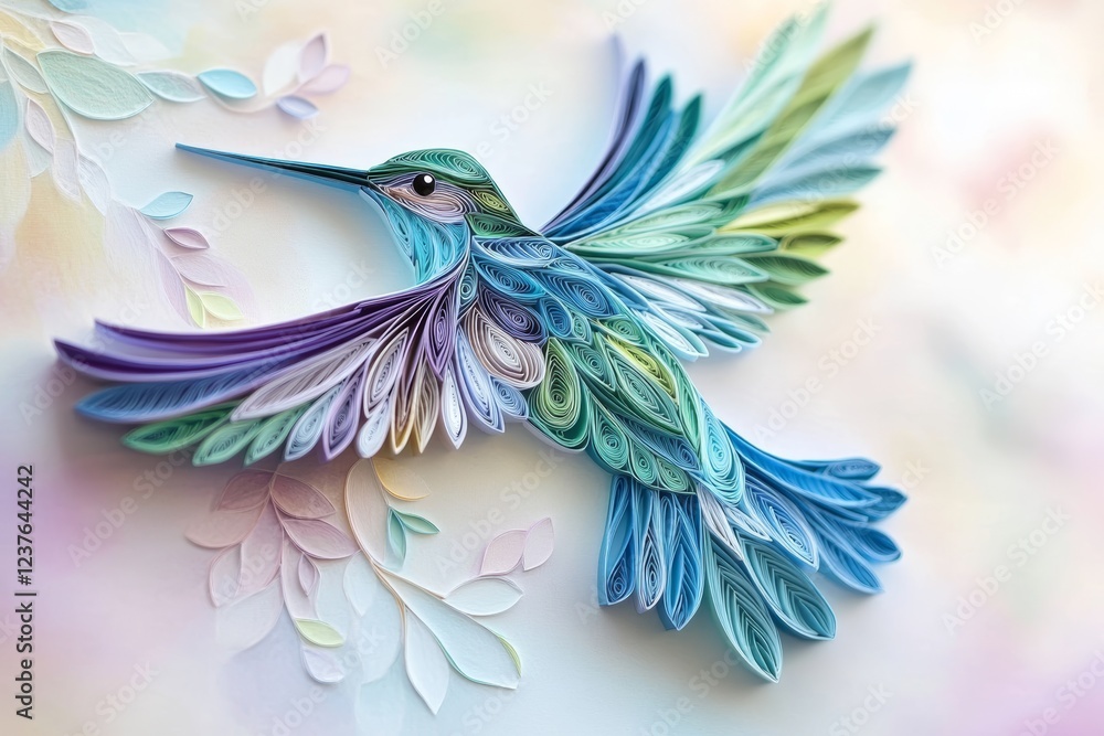 Obraz premium Amazing paper scroll creation of a hummingbird in mid-air With its wings spread wide, it was a delicate curved layer of strips of blue, green, and purple paper.