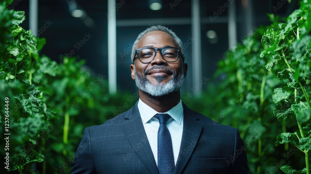 Confident businessman in a modern hydroponic farm Confident businessman in a modern hydroponic farm