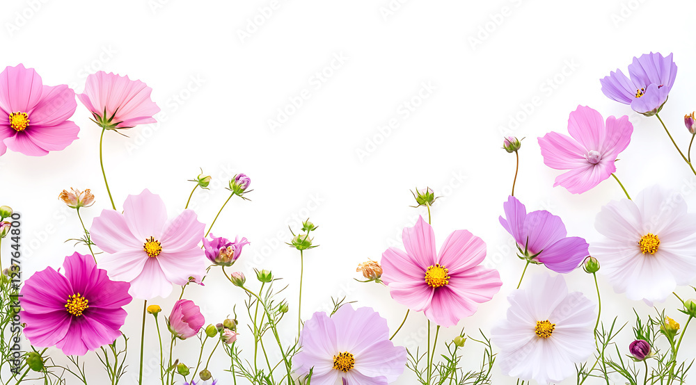 Fototapeta premium A beautiful cosmos arrangement, a decorative flower border, and blossoms on a white backdrop
