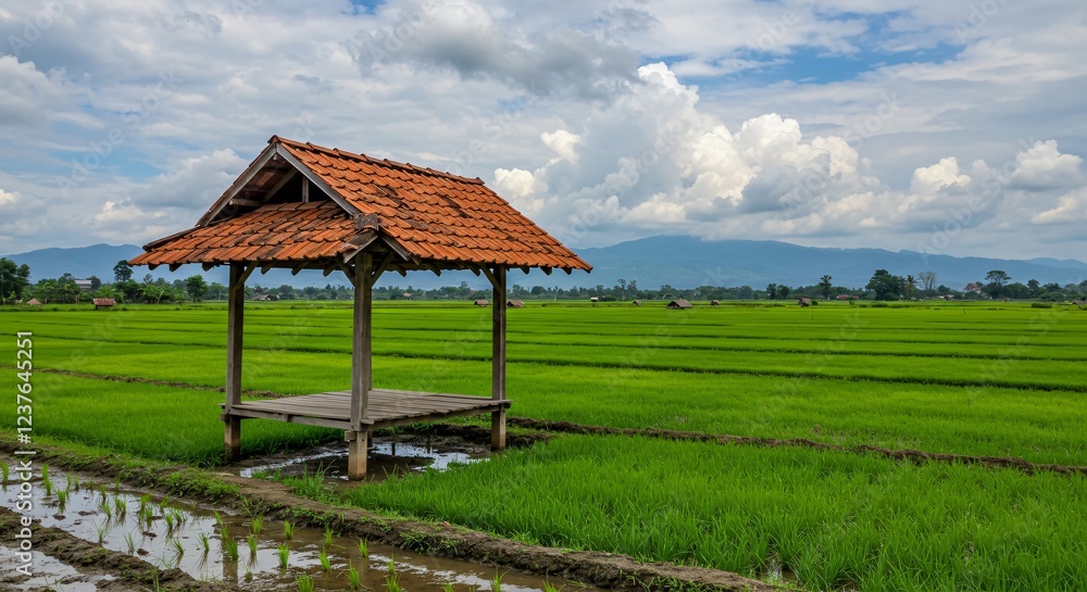 A serene wooden gazebo with a red tiled roof stands amidst lush green rice fields under a cloudy sky, with mountains in the distance. A serene wooden gazebo with a red tiled roof stands amidst lush green rice fields under a cloudy sky, with mountains in the distance.