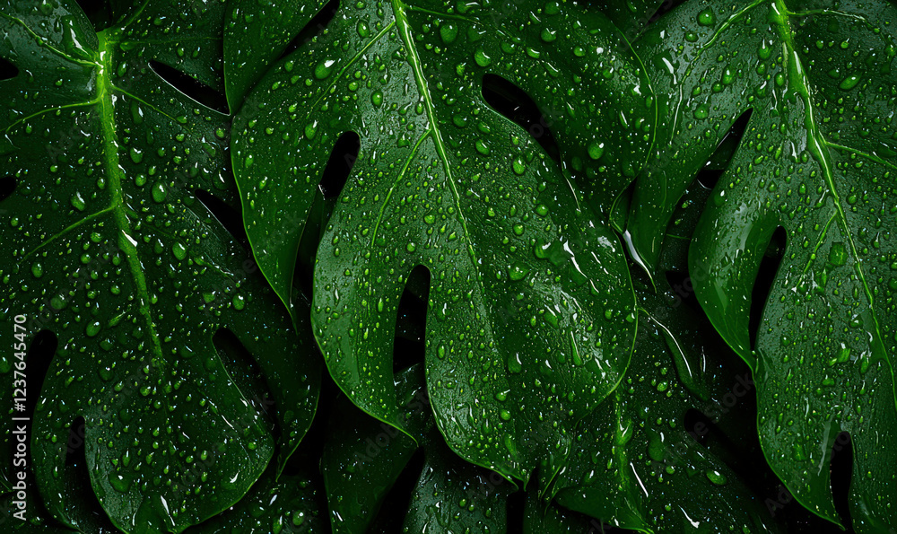 Fototapeta premium Lush Green Tropical Leaves with Water Droplets Glimmering in Natural Light, Creating a Fresh and Inviting Atmosphere for Nature Lovers