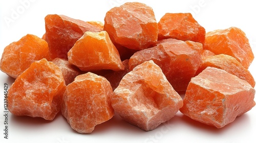Orange calcite crystals pile, white background, geology