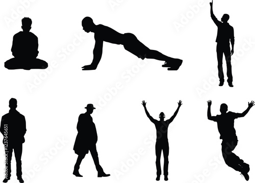 Black silhouette of man bundle, set of men in different positions. Generative ai