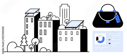 Buildings with solar panels amidst trees, a handbag with tags, and a graphical interface element. Ideal for sustainability, fashion, technology, urban living, eco-friendliness, modern life renewable