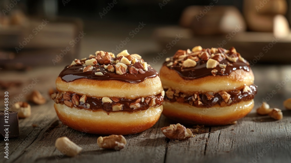 Hazelnut Chocolate Donuts on Wooden Table Hazelnut Chocolate Donuts on Wooden Table