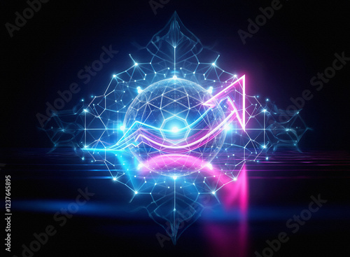 Wallpaper Mural A vibrant double exposure image depicts a glowing upward arrow within a geometric sphere, set against a dark background with intricate, light-blue patterns.  The arrow's neon pink and blue hues create Torontodigital.ca