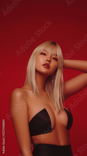 Captivating fashion pose studio setting model photography red background close-up view bold expression