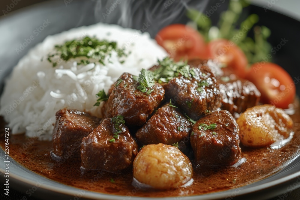 Steaming beef curry with rice, tomatoes, onions Steaming beef curry with rice, tomatoes, onions