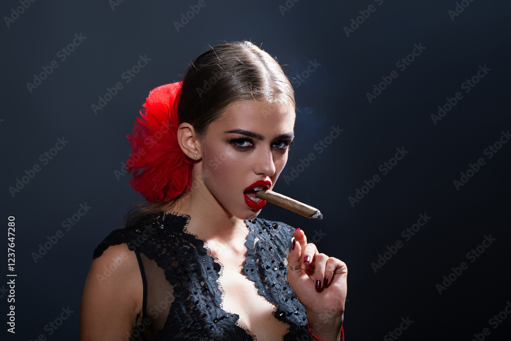 Obraz premium Beauty fashion woman smoking cigar. Elegant woman with smoke cigar. Sexy model Smoking cigar. Sensual Woman red lips. Beautiful girl blowing smoke. Girl with cigarette. Sexy model with cigar.