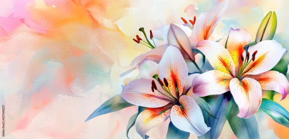 Soft watercolor lilies, botanical bouquet with vibrant paint textures, horizontal banner illustration. Soft watercolor lilies, botanical bouquet with vibrant paint textures, horizontal banner illustration.
