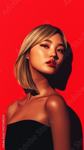 Artistic portrait of a woman against a bold red background studio photography fashion close-up beauty concept